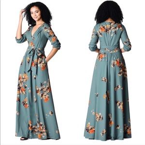 EShakti Blue Floral Tie Waist Maxi Dress
